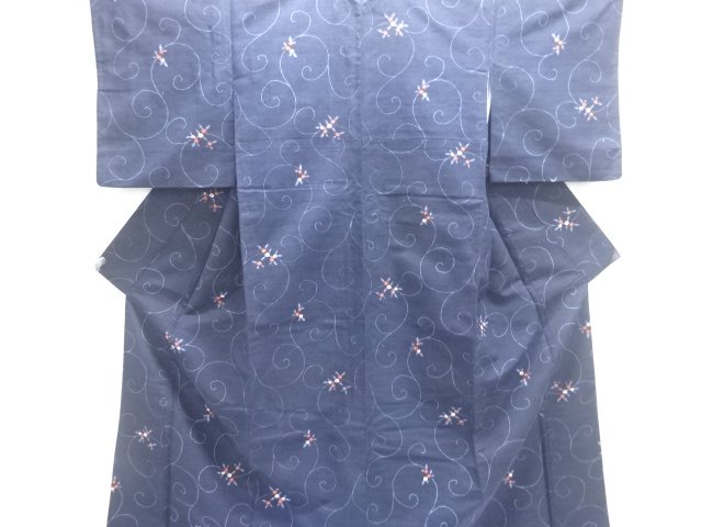 JAPANESE KIMONO / ANTIQUE KIMONO / SILK / TSUMUGI / WOVEN FLORAL ARABESQUE